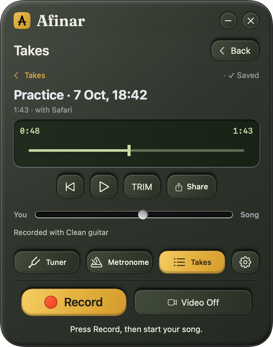A saved take in Afinar, with playback, trim, share, and a balance control for you and the song.