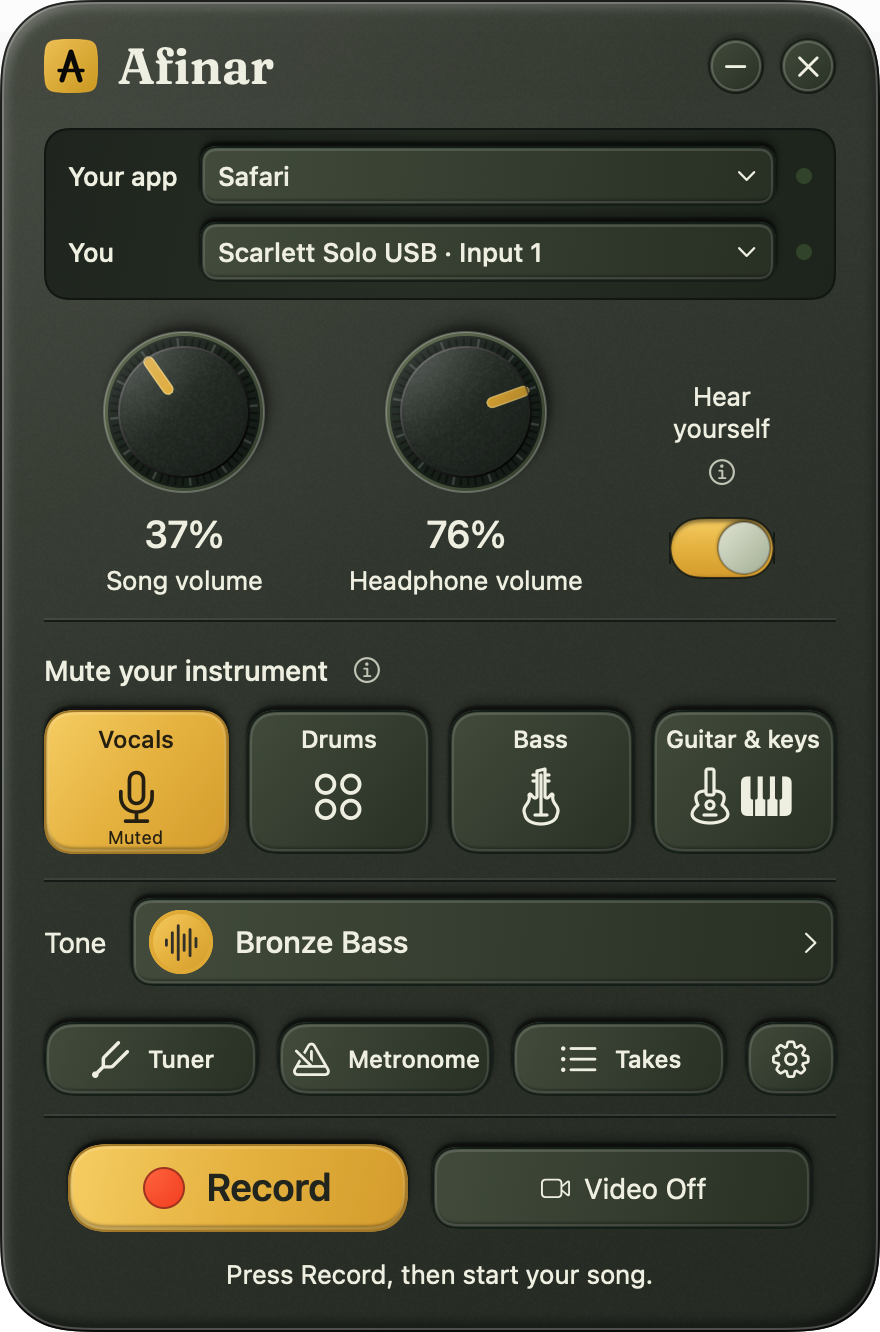Afinar’s Friendly recorder with Safari selected and vocals muted.