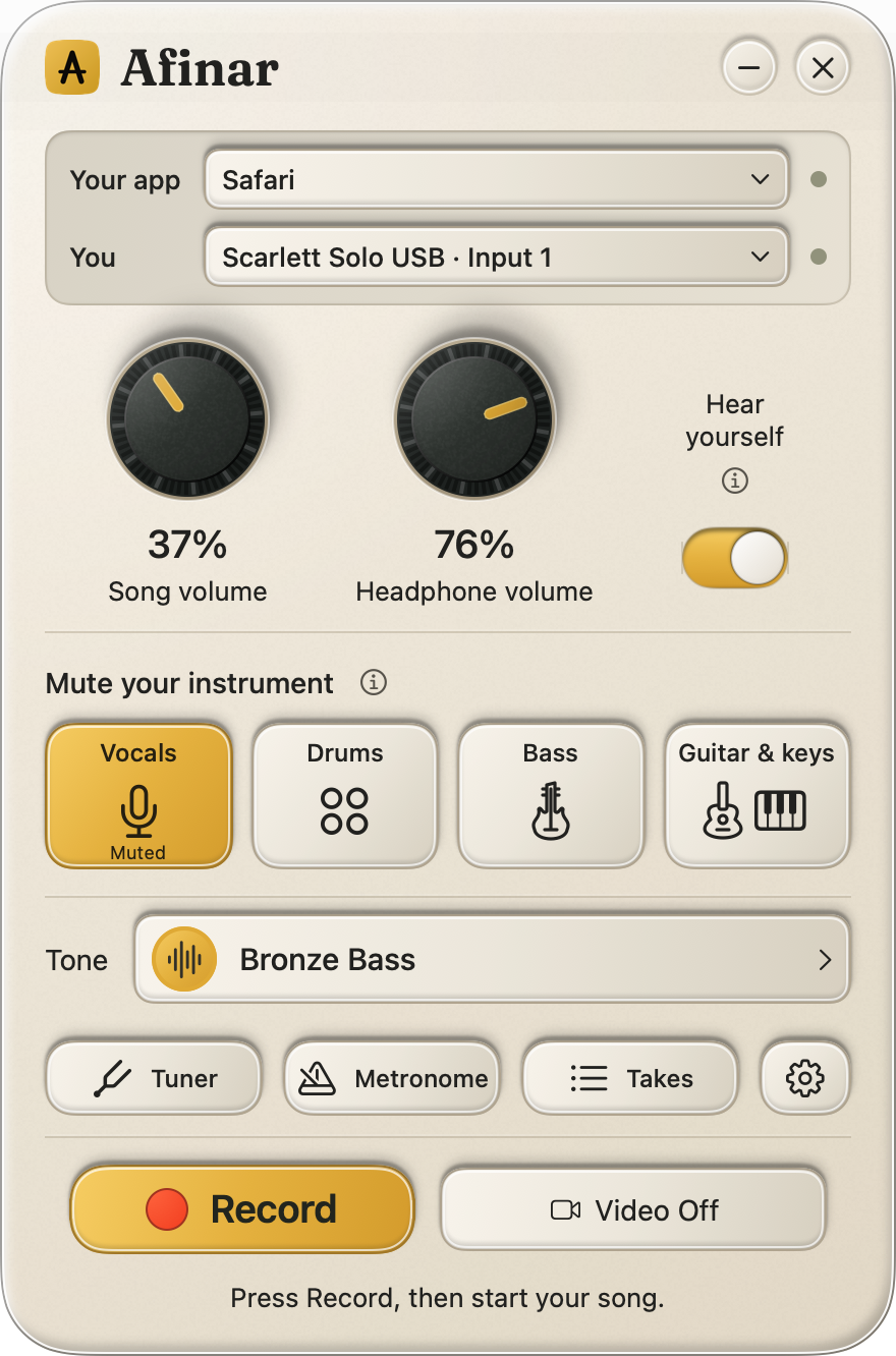 The four mute controls: Vocals, Drums, Bass, and Guitar & keys. Vocals are muted.