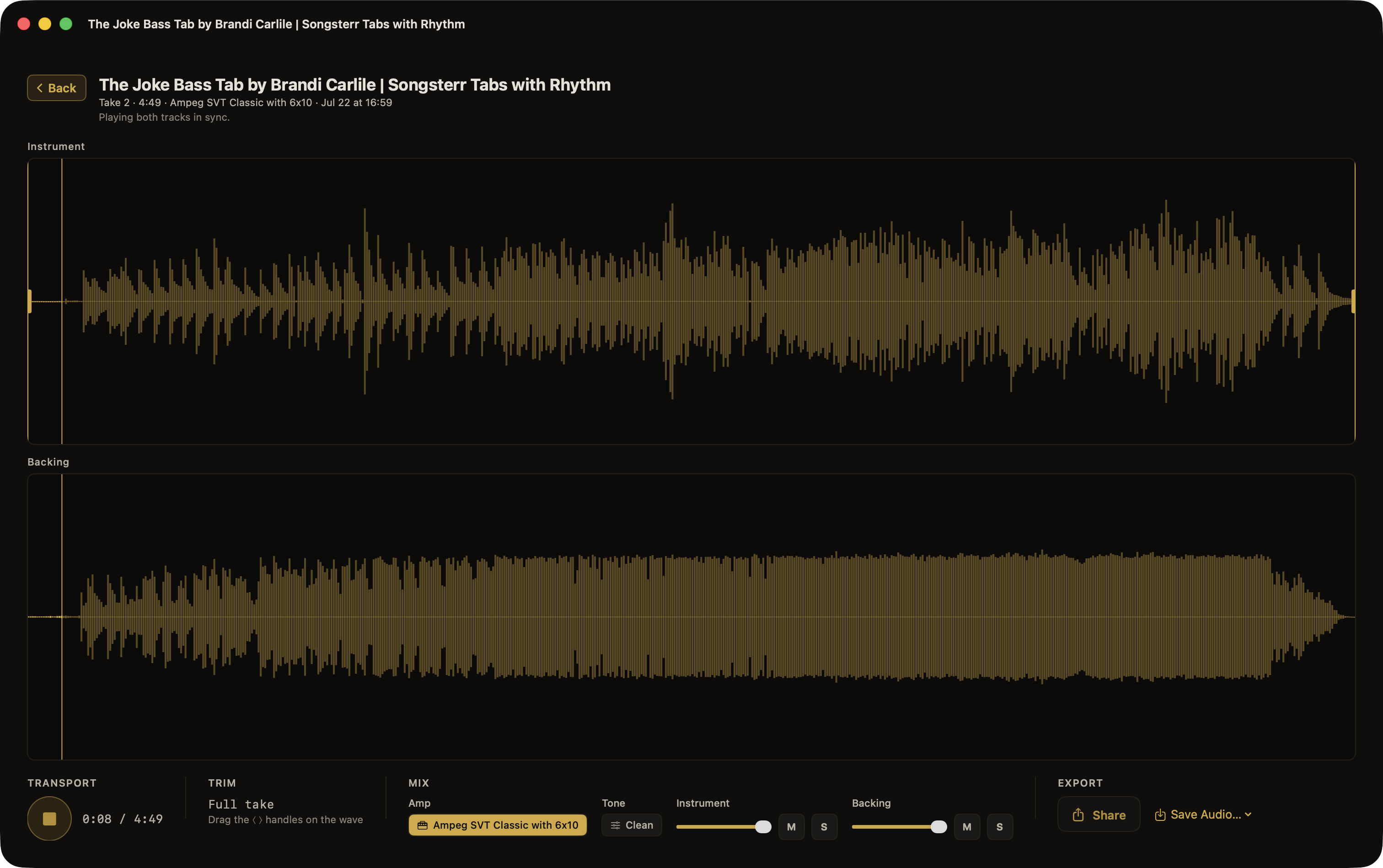 Afinar’s take player showing the instrument and music as separate waveforms with their own listening levels.