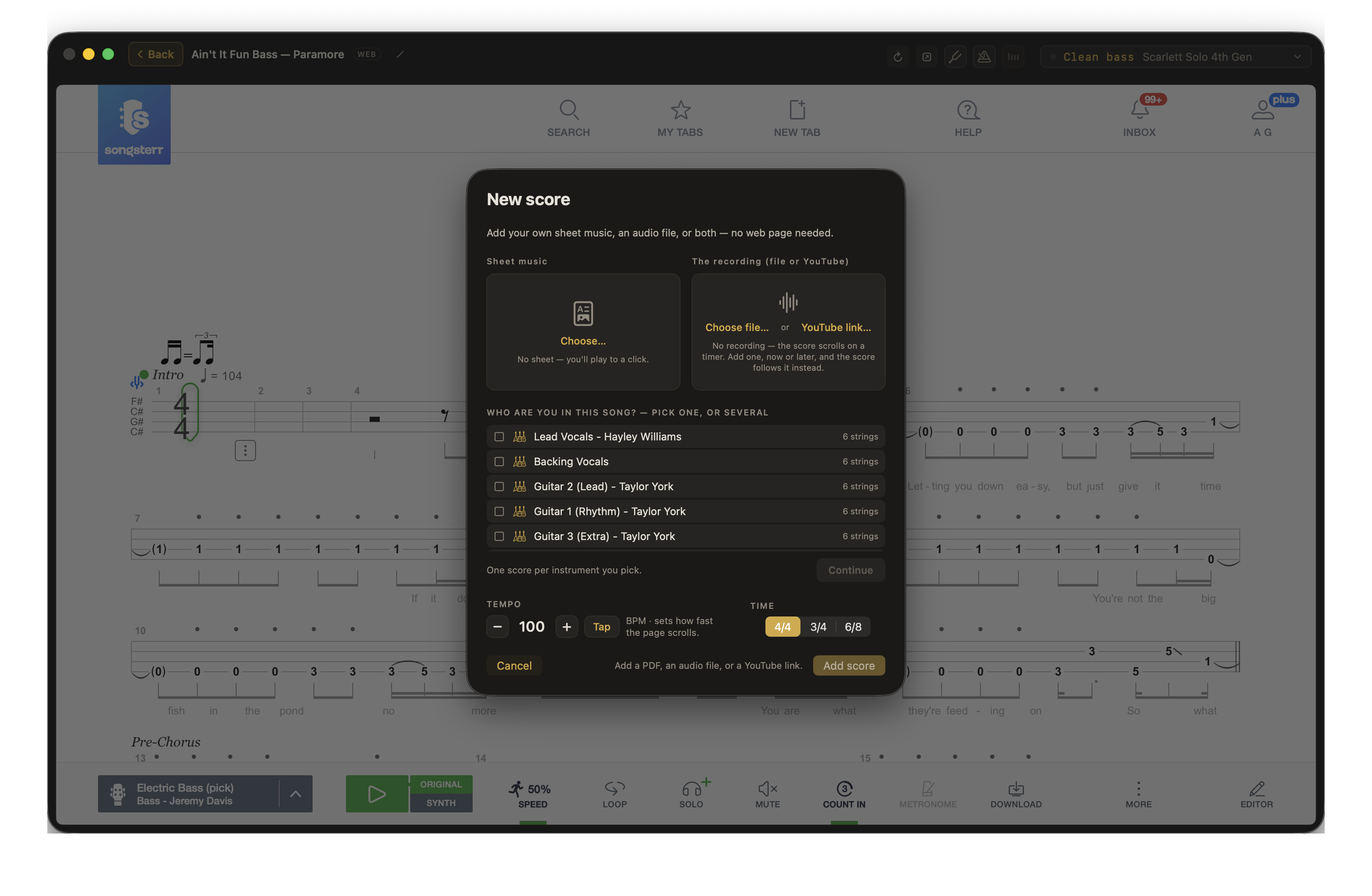 Afinar’s New score dialog with sheet music import, an audio file or video link, instrument selection, tempo, and time signature.