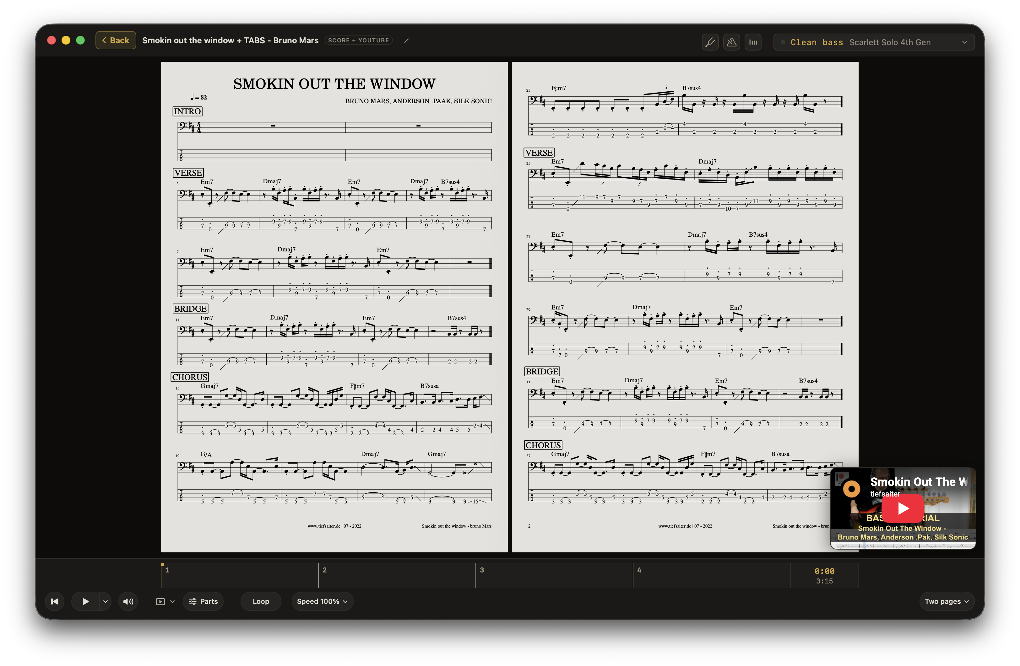 A two-page PDF score with an attached video open in Afinar.
