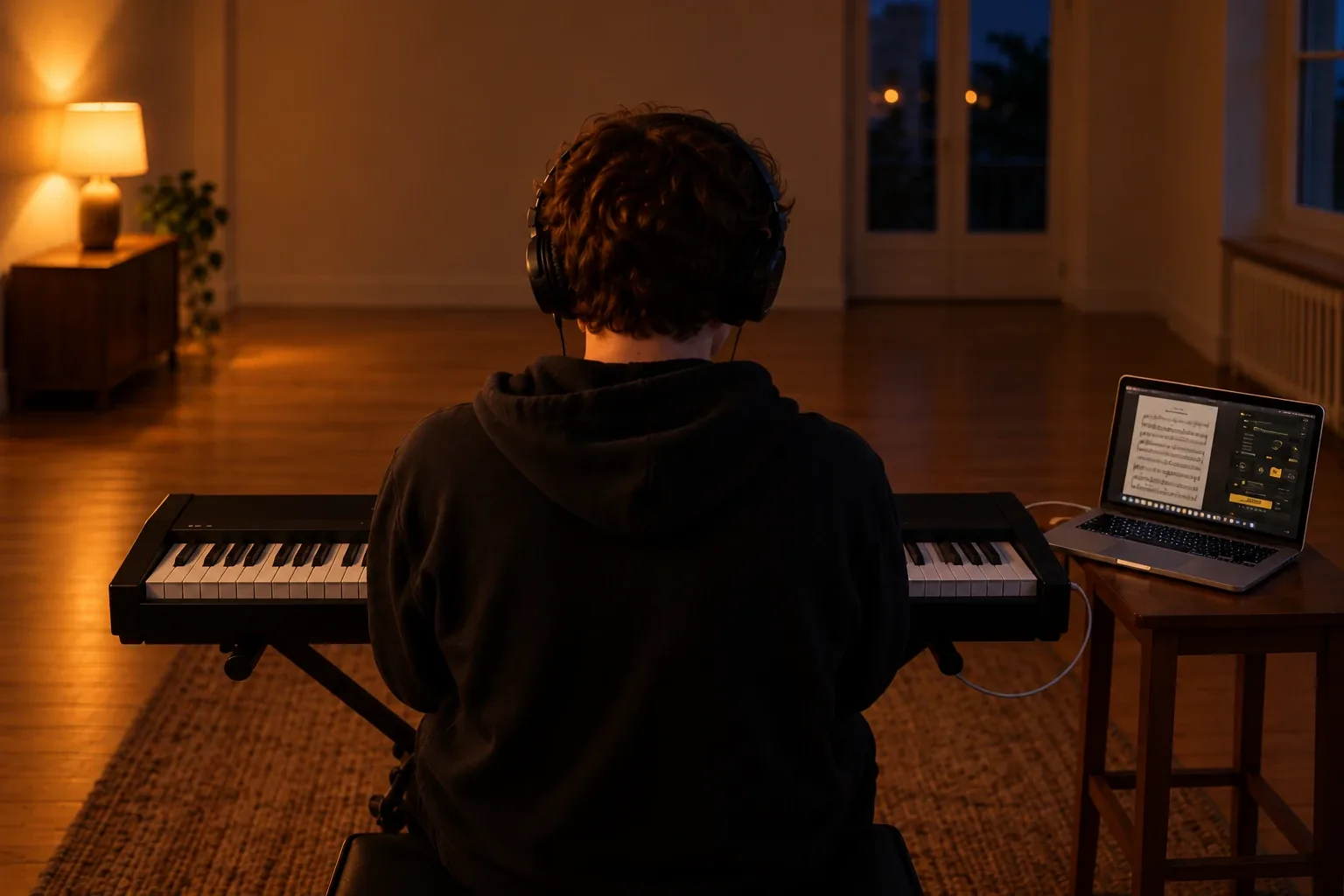 A student in headphones plays a keyboard at home in the evening, with the assignment's sheet music and Afinar open on a laptop beside them